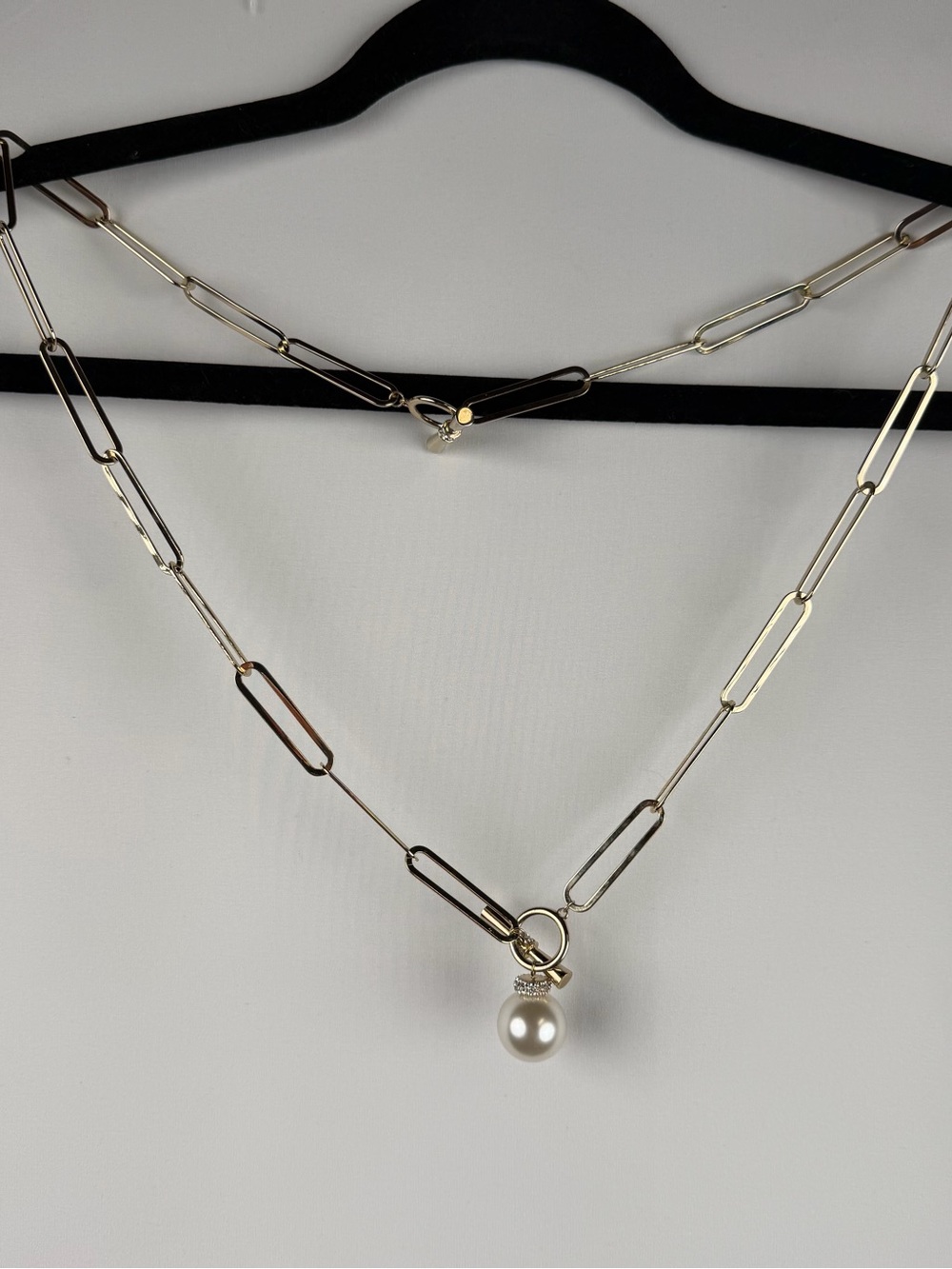 Gold Paperclip Chain Necklace with Pearl Pendant